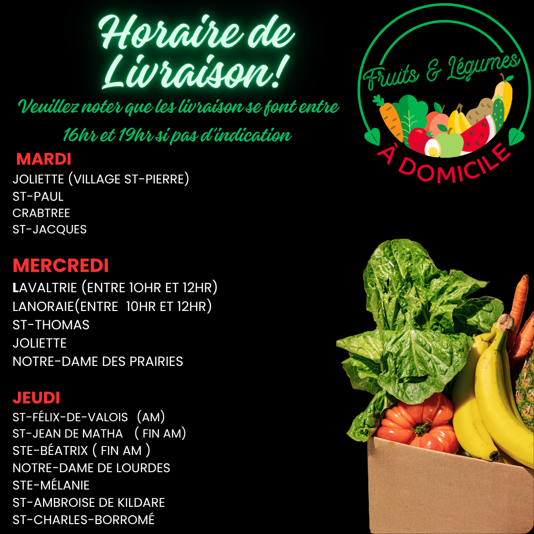 Horaire et lieux de livraison